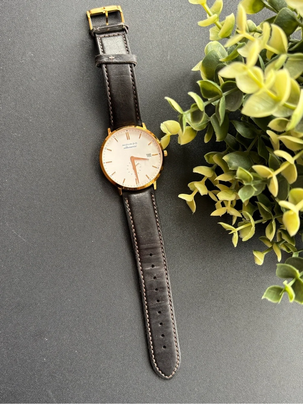 Movado Silhouette Men's Rose Gold Case White Dial Brow Leather Watch